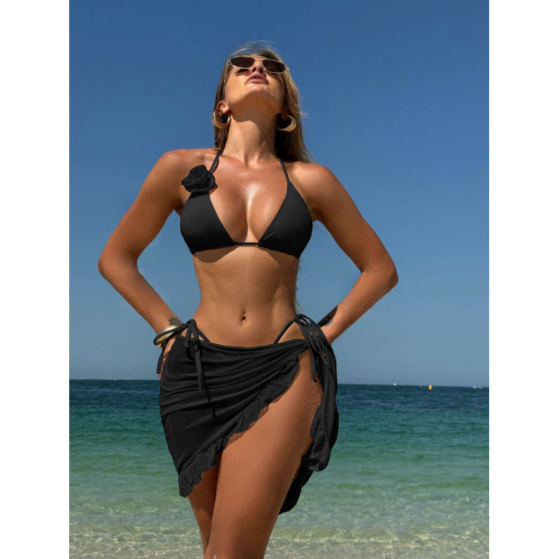 Solid color sexy rose three piece set mesh skirt swimsuit bikini