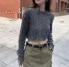 One Size Short Fried Dough Twists Sweater Wear New High Waist Round Neck Pullover Slouchy Long Sleeve Striped Top