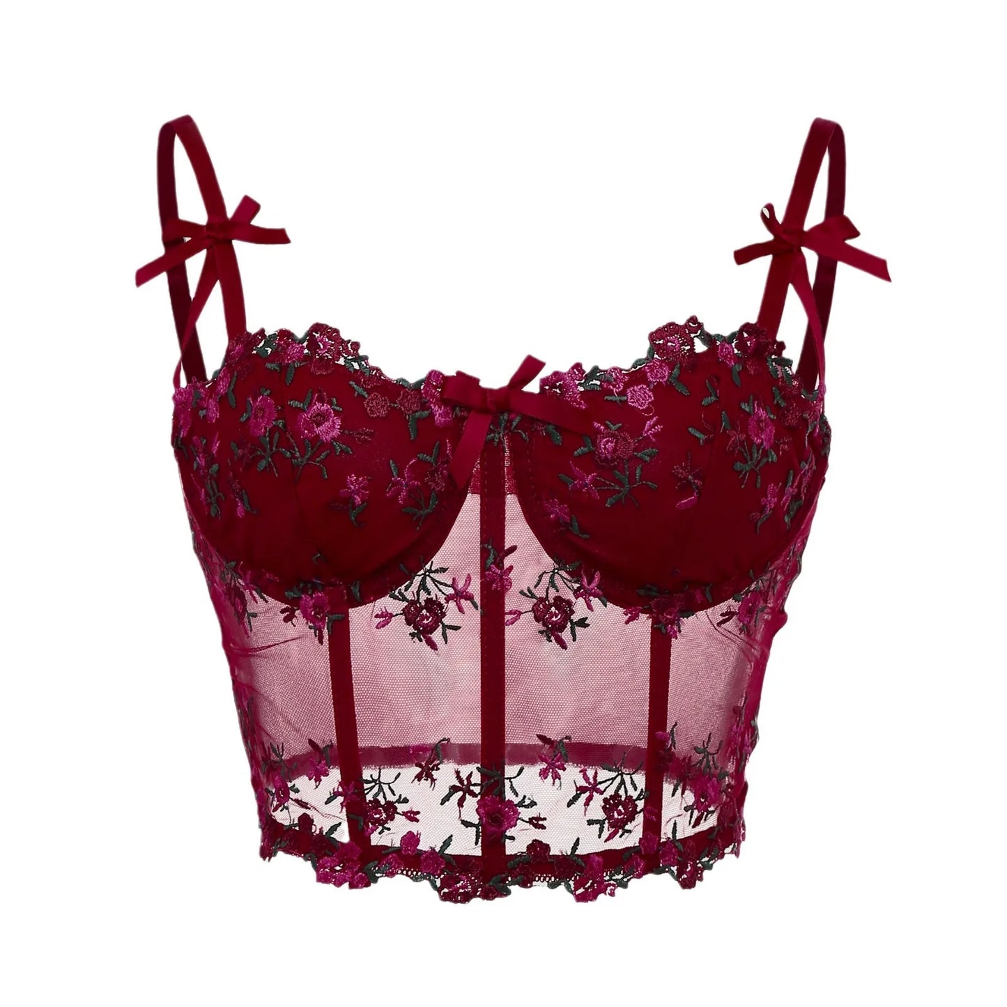 Sexy Lace Floral Embroidery Bow Corset For Women Camisole Sheer Mesh Fishbone Slim Crop Top Wired Bra Camis Festival Lingerie