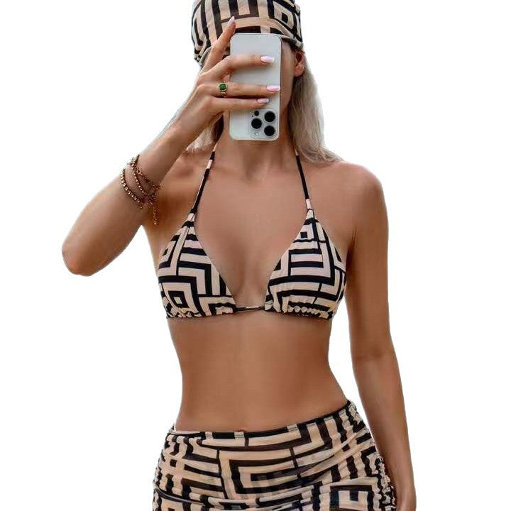 Printed lace up bikini four piece swimsuit women's headband swimsuit