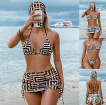 Printed lace up bikini four piece swimsuit women's headband swimsuit