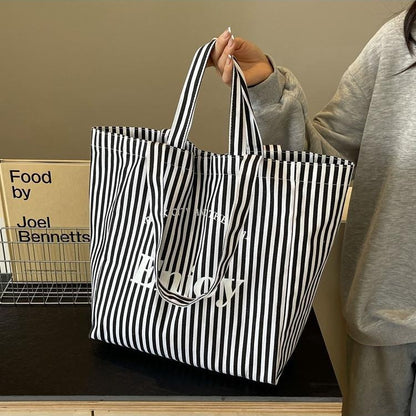 Colorful Stripe Canvas Tote Bag for Women, Large Capacity, Casual Shoulder Handbag, Simple Design