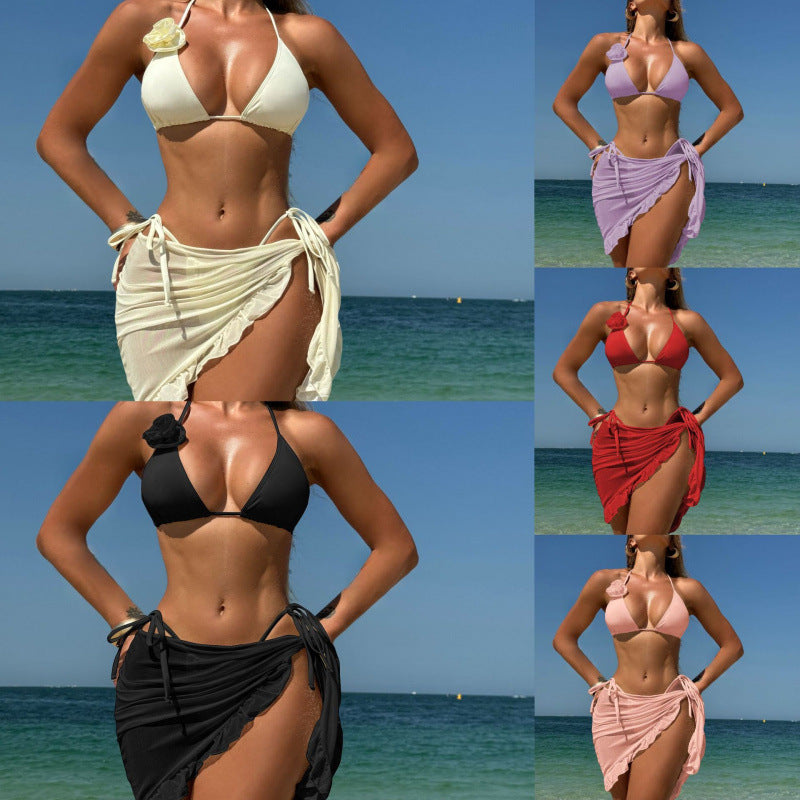 Solid color sexy rose three piece set mesh skirt swimsuit bikini
