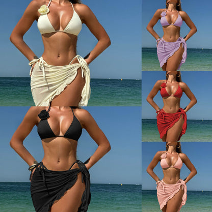 Solid color sexy rose three piece set mesh skirt swimsuit bikini