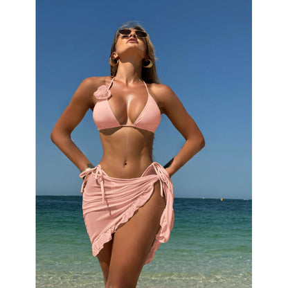 Solid color sexy rose three piece set mesh skirt swimsuit bikini