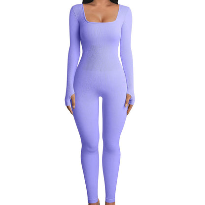 Fall Winter Hot-Selling Women'S Clothing Long Sleeve Jumpsuit Yoga Sexy One-Piece Square Collar Sportwear