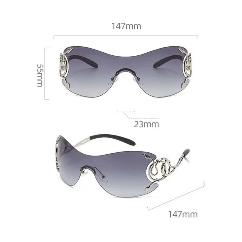 Rimless Gradient Snake Shaped Mirror Leg Sunglasses Oversized Y2k Trendy Wrap Around Punk