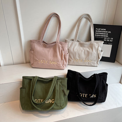 Corduroy shoulder bag large capacity student class bag women's solid color tote bag ﻿