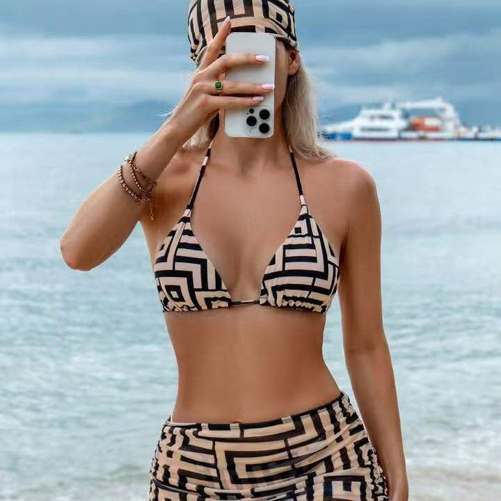Printed lace up bikini four piece swimsuit women's headband swimsuit