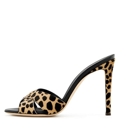 Leopard Print Open Toe High Heel Mules