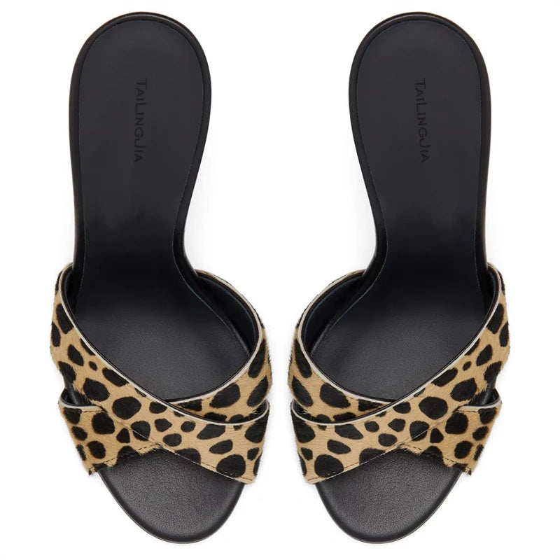 Leopard Print Open Toe High Heel Mules