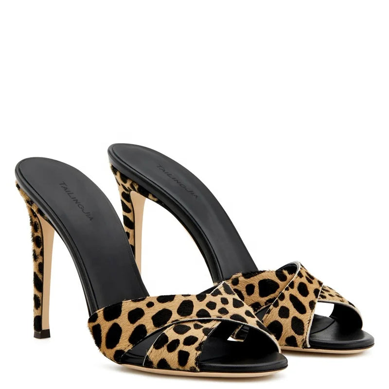 Leopard Print Open Toe High Heel Mules