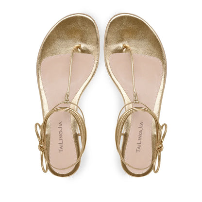 China Lady Shoes Factory Gold PU Leather Strappy Thong Flip Flops Flat Sandals for Women