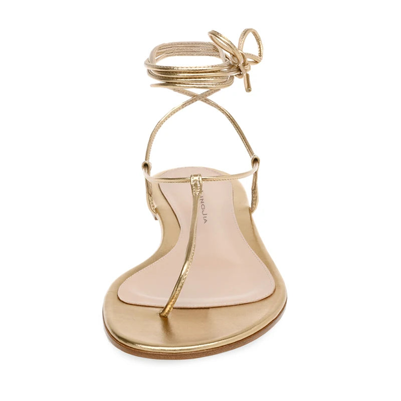 China Lady Shoes Factory Gold PU Leather Strappy Thong Flip Flops Flat Sandals for Women