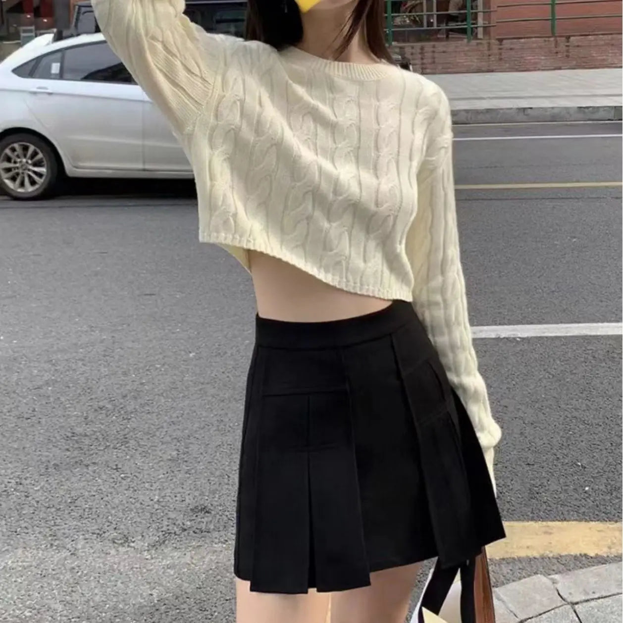 One Size Short Fried Dough Twists Sweater Wear New High Waist Round Neck Pullover Slouchy Long Sleeve Striped  Top