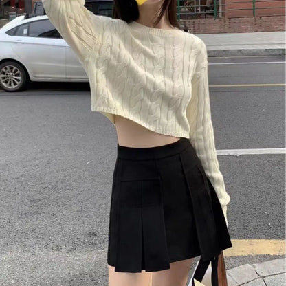 One Size Short Fried Dough Twists Sweater Wear New High Waist Round Neck Pullover Slouchy Long Sleeve Striped  Top