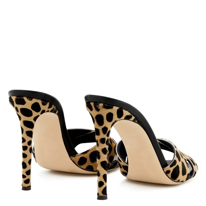Leopard Print Open Toe High Heel Mules