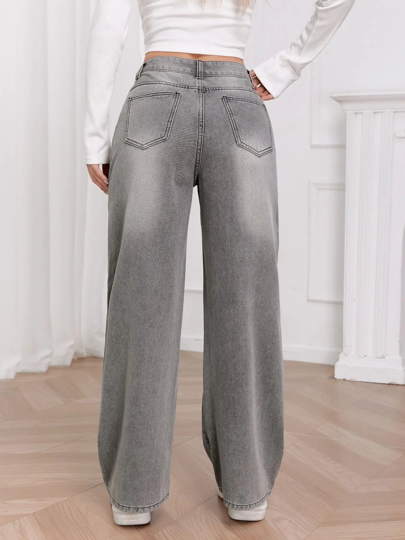 Trendy Wide Leg Distressed Straight Jeans for Women Elastic Casual Bootcut Denim Pants Bestseller Fashionable Ladies Jeans