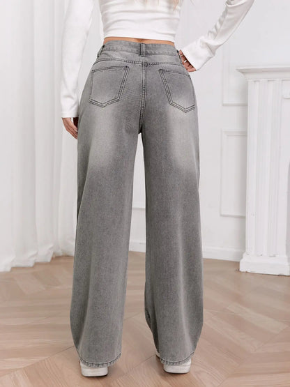 Trendy Wide Leg Distressed Straight Jeans for Women Elastic Casual Bootcut Denim Pants Bestseller Fashionable Ladies Jeans