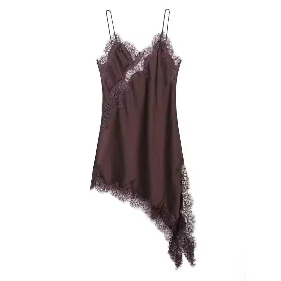 Women Lace Satin Dress Asymmetrical Lace Hem Spaghetti Strap V Neck Dresses For Woman Vacation Daily Evening Dress Vestidos