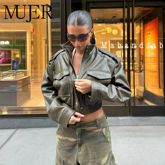 Faux Leather Cropped Jacket Women Bomber