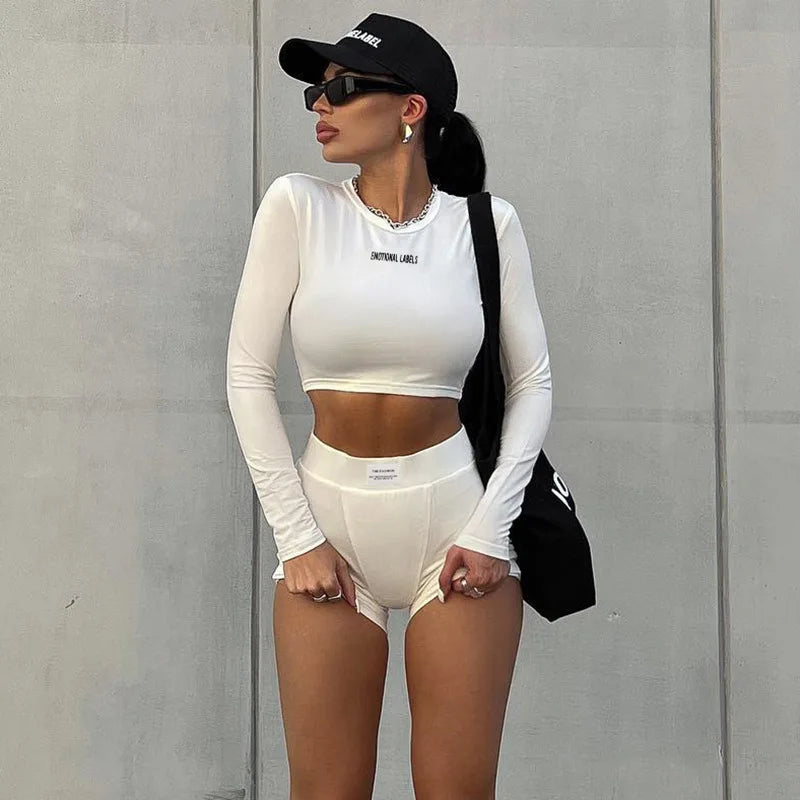 Round Neck Long sleeved Shirt and  Shorts Two piece Set