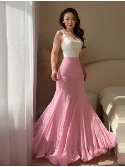 Polka Dot Maxi Skirt High Waist Front Ruched Shirred Detail Flowy Flared Ruffle Hem Mermaid Long Skirt For Beach Vacation