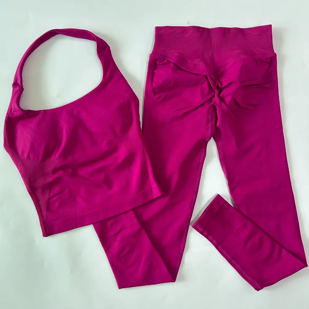 2pcs Women's Gym Set Backless Tank Top High Waist Scrunch Shorts Seamless Fitness Activewear Workout Suit