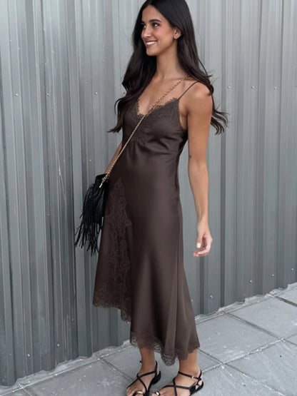 HH Fashion Soild Asymmetric Lace Satin Dress For Women's Sexy V-Neck Sleeveless Backless Slit Evening Party Slip Midi Dress