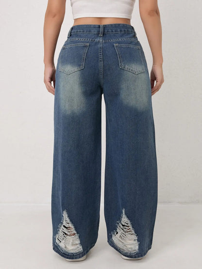 Trendy Wide Leg Distressed Straight Jeans for Women Elastic Casual Bootcut Denim Pants Bestseller Fashionable Ladies Jeans