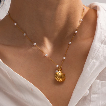 18K Gold Plated Stainless Steel Sea Ocean Element Shell Conch Pattern Earring/Ring/Necklace Women Ear Tarnish Free Jewelry