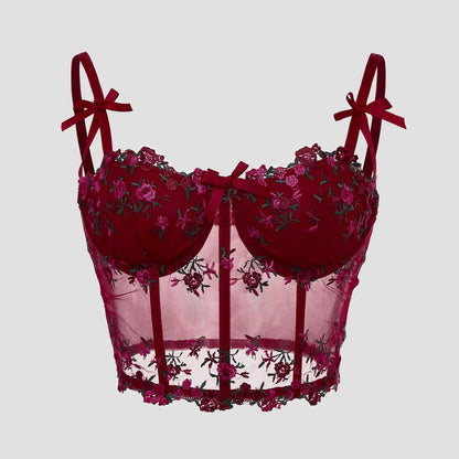 Sexy Lace Floral Embroidery Bow Corset For Women Camisole Sheer Mesh Fishbone Slim Crop Top Wired Bra Camis Festival Lingerie