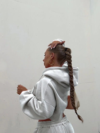 Hooded Zip-up Cropped Sweatshirt and Long Pants