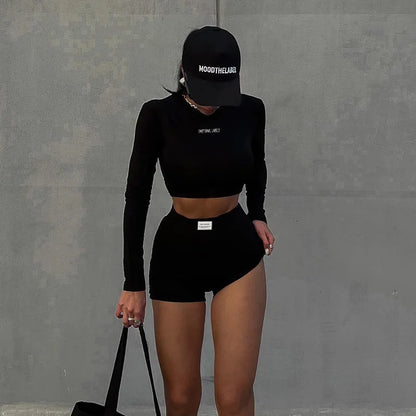 Round Neck Long sleeved Shirt and  Shorts Two piece Set