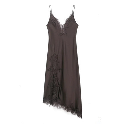 HH Fashion Soild Asymmetric Lace Satin Dress For Women's Sexy V-Neck Sleeveless Backless Slit Evening Party Slip Midi Dress