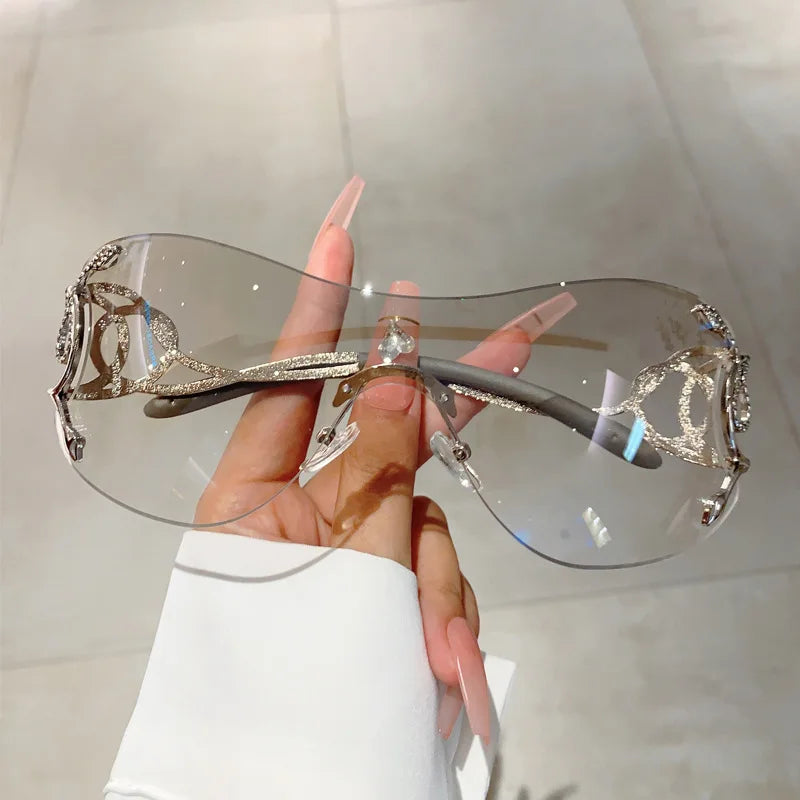 Rimless Gradient Snake Shaped Mirror Leg Sunglasses Oversized Y2k Trendy Wrap Around Punk