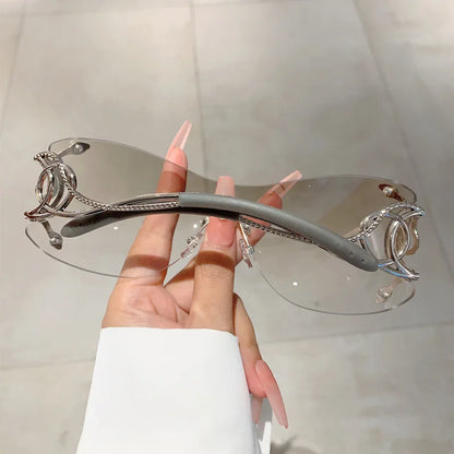 Rimless Gradient Snake Shaped Mirror Leg Sunglasses Oversized Y2k Trendy Wrap Around Punk