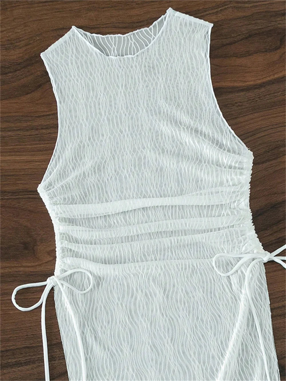 Sexy Mesh High Slit Dress Cover-Ups Transparent Jacquard Drawstrinig Beach Bikini Cover Up Women Swimwears Vacation Outfit Mujer