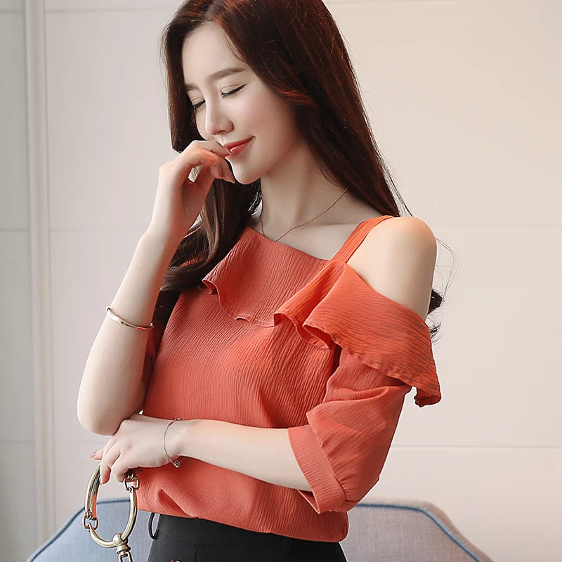 One-Shoulder Ruffles Short-sleeved Chiffon Blouse