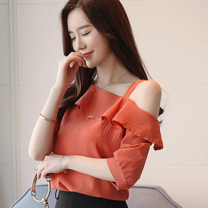 One-Shoulder Ruffles Short-sleeved Chiffon Blouse