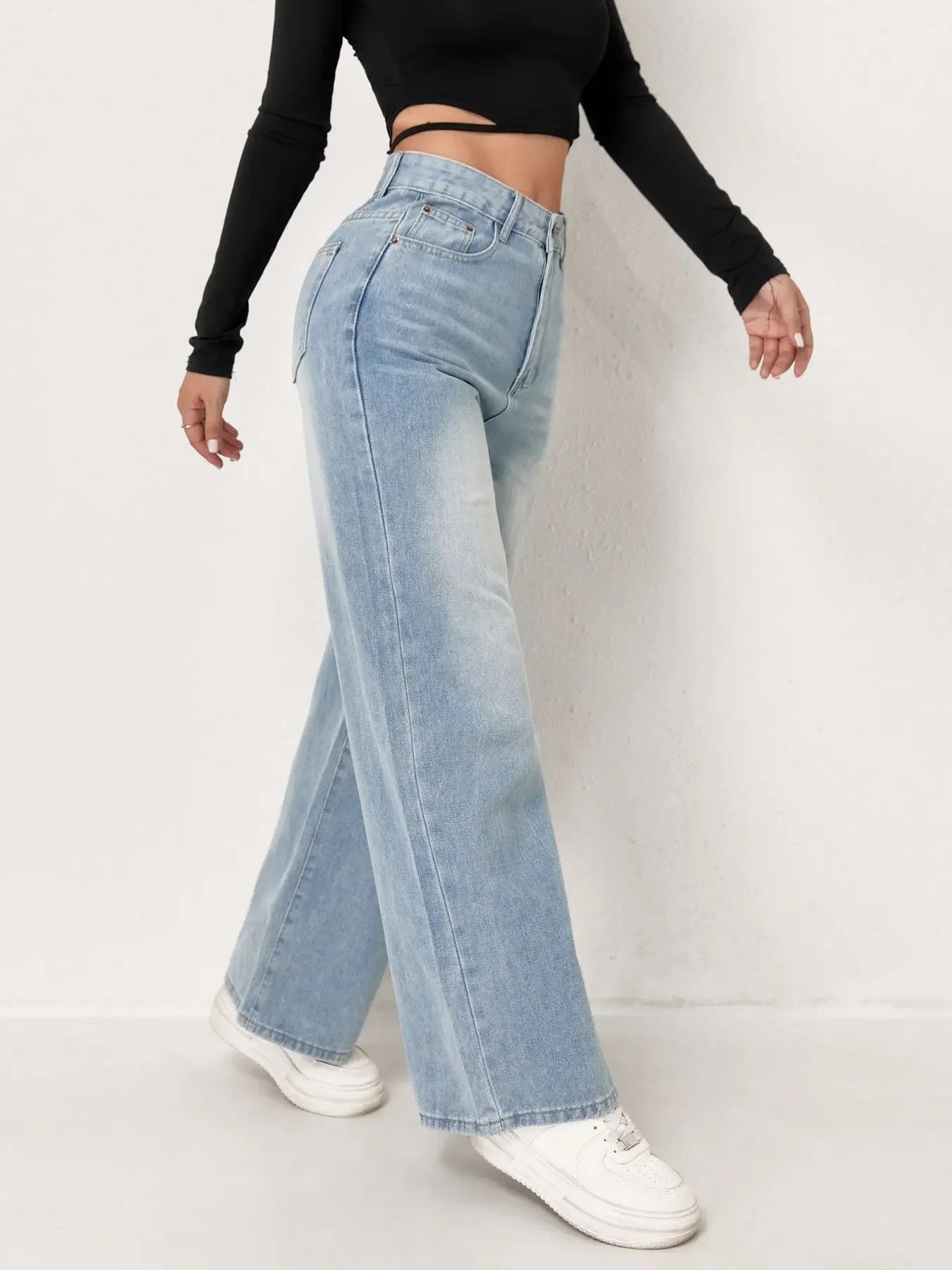 Trendy Wide Leg Distressed Straight Jeans for Women Elastic Casual Bootcut Denim Pants Bestseller Fashionable Ladies Jeans