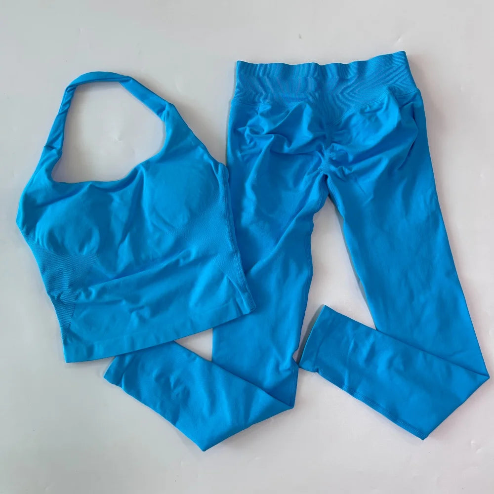 2pcs Women's Gym Set Backless Tank Top High Waist Scrunch Shorts Seamless Fitness Activewear Workout Suit