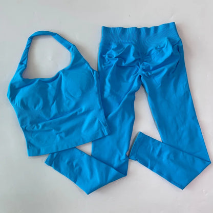 2pcs Women's Gym Set Backless Tank Top High Waist Scrunch Shorts Seamless Fitness Activewear Workout Suit