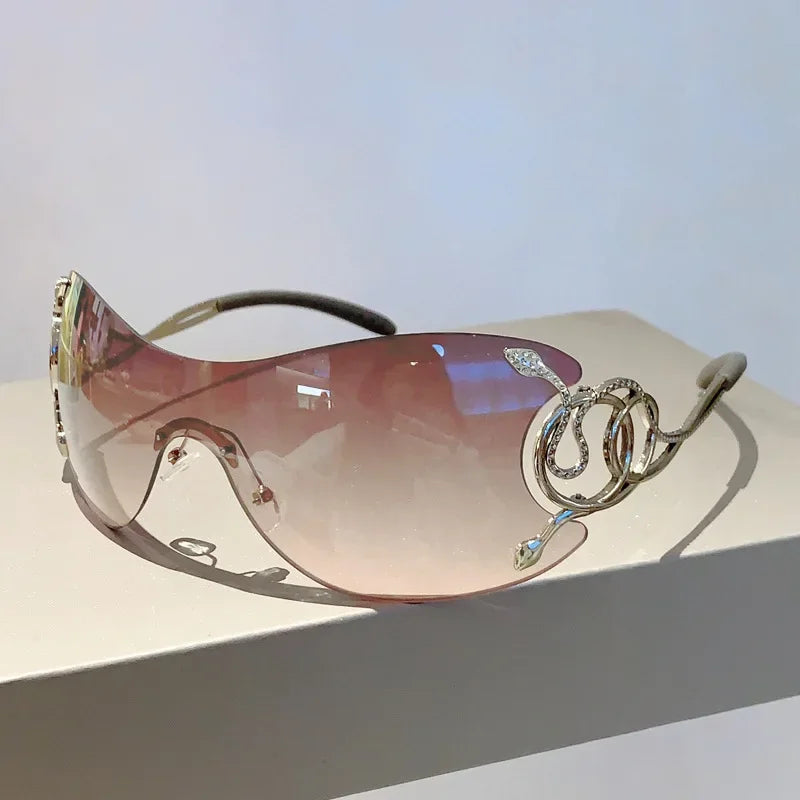 Rimless Gradient Snake Shaped Mirror Leg Sunglasses Oversized Y2k Trendy Wrap Around Punk