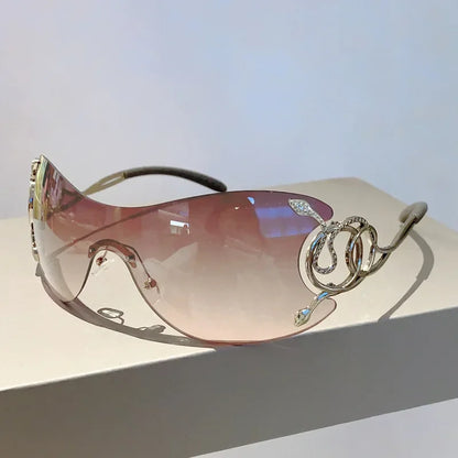 Rimless Gradient Snake Shaped Mirror Leg Sunglasses Oversized Y2k Trendy Wrap Around Punk