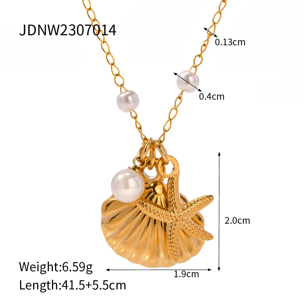 18K Gold Plated Stainless Steel Sea Ocean Element Shell Conch Pattern Earring/Ring/Necklace Women Ear Tarnish Free Jewelry