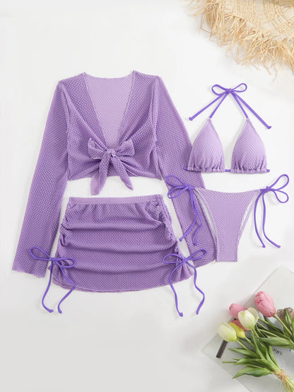 Sexy Solid Color Bikini Set Strap Crossbody Swimwear Polyester Fabric Backless Design for Swimming And Water Sports