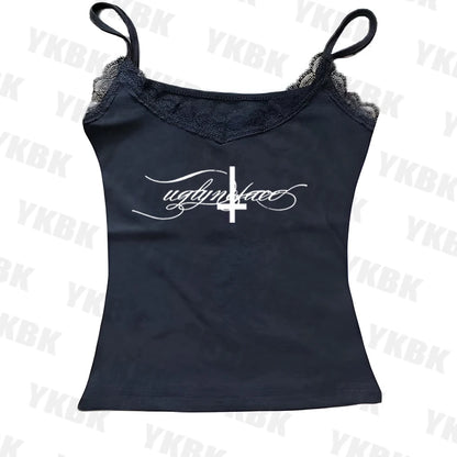 Letter cross print suspender casual streetwear harajuku grunge punk Y2K crop tops chic sexy lace trim emo girl hip hop women top