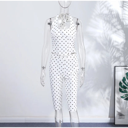 Fashion Polka Dot Two-pieces 7-inch Pants Sets Women's Slim Halter Waist-cinching Tops Hip-wrap Pant 2026 New Ladies Solid Suit
