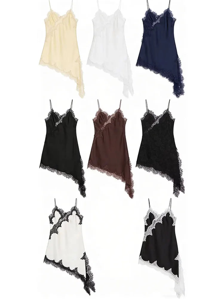 Women Lace Satin Dress Asymmetrical Lace Hem Spaghetti Strap V Neck Dresses For Woman Vacation Daily Evening Dress Vestidos